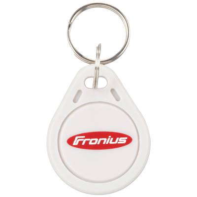 Ein weißer Schlüsselanhänger mit dem roten Logo "Fronius" in der Mitte.