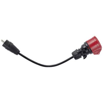 Ein schwarzes Netzkabel mit einem schwarzen Stecker auf der linken Seite und einem roten Adapter auf der rechten Seite.
