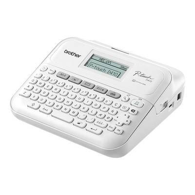 Beschriftungsgerät mit Tastatur und Display, das ein Etikett mit der Aufschrift 'P-touch D410' druckt.