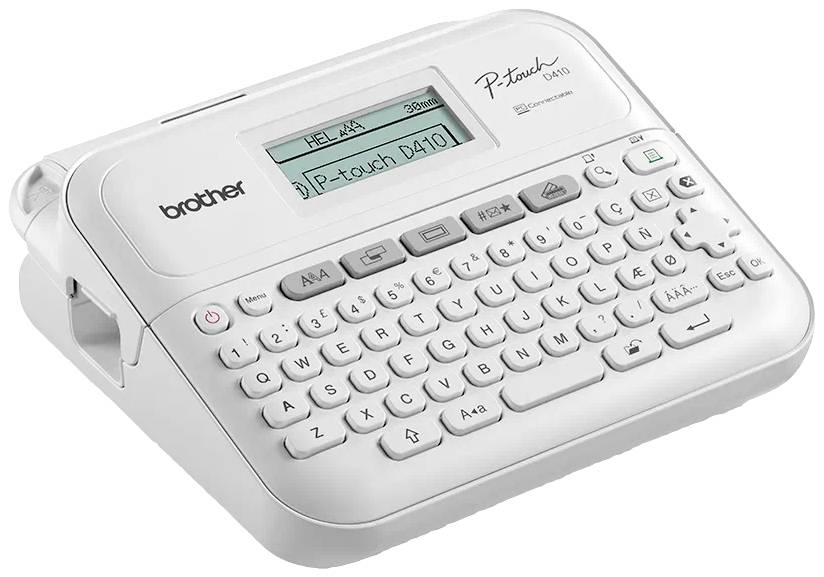 Ein elektronisches Beschriftungsgerät mit Tastatur und Display, auf dem 'P-touch D410' steht, für das Erstellen von Etiketten.