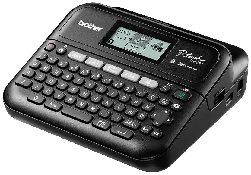 Ein elektronisches Beschriftungsgerät mit Tastatur und Display. Zeigt Symbole und Textoptionen auf dem Display an.