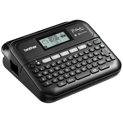 Tragbares Beschriftungsgerät mit QWERTY-Tastatur und kleinem LCD-Display, kreiert Etiketten für verschiedene Anwendungen.