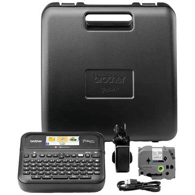 Beschriftungsgerät mit QWERTZ-Tastatur, Farbdisplay und verschiedenen Knöpfen. Mitgeliefertes Zubehör: Koffer, Netzadapter, USB-Kabel, Etikettenkassette.