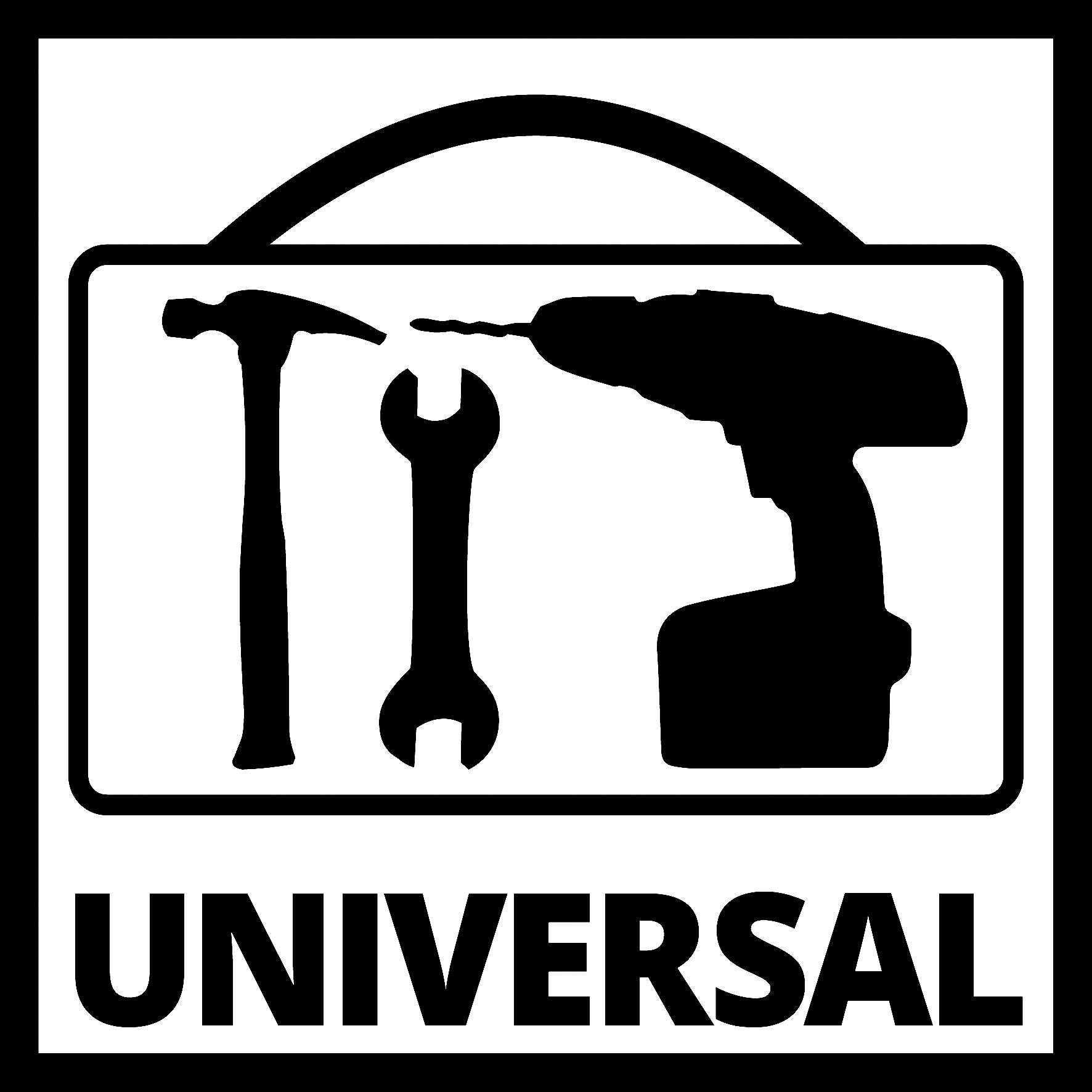 'Universal-Werkzeug' Symbol: Hammer, Schraubenschlüssel und Bohrmaschine in einem Rechteck. Symbolisiert Vielseitigkeit.