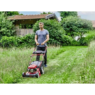 Ein Mann mäht mit einem roten Rasenmäher den Rasen im Garten. Im Hintergrund sind ein Holzschuppen und dichte grüne Büsche zu sehen.