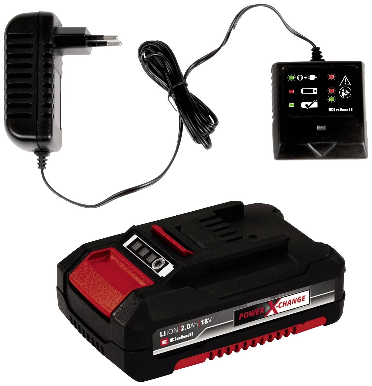 Ein Akku-Ladegerät-Set, bestehend aus einem 18V-2000mAh Lithium-Ionen-Akku und einem schwarzen Ladegerät mit LED-Anzeigen.
