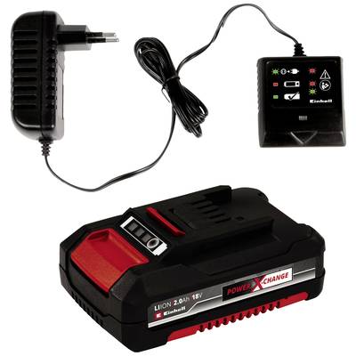 Ein Akku-Ladegerät-Set, bestehend aus einem 18V-2000mAh Lithium-Ionen-Akku und einem schwarzen Ladegerät mit LED-Anzeigen.