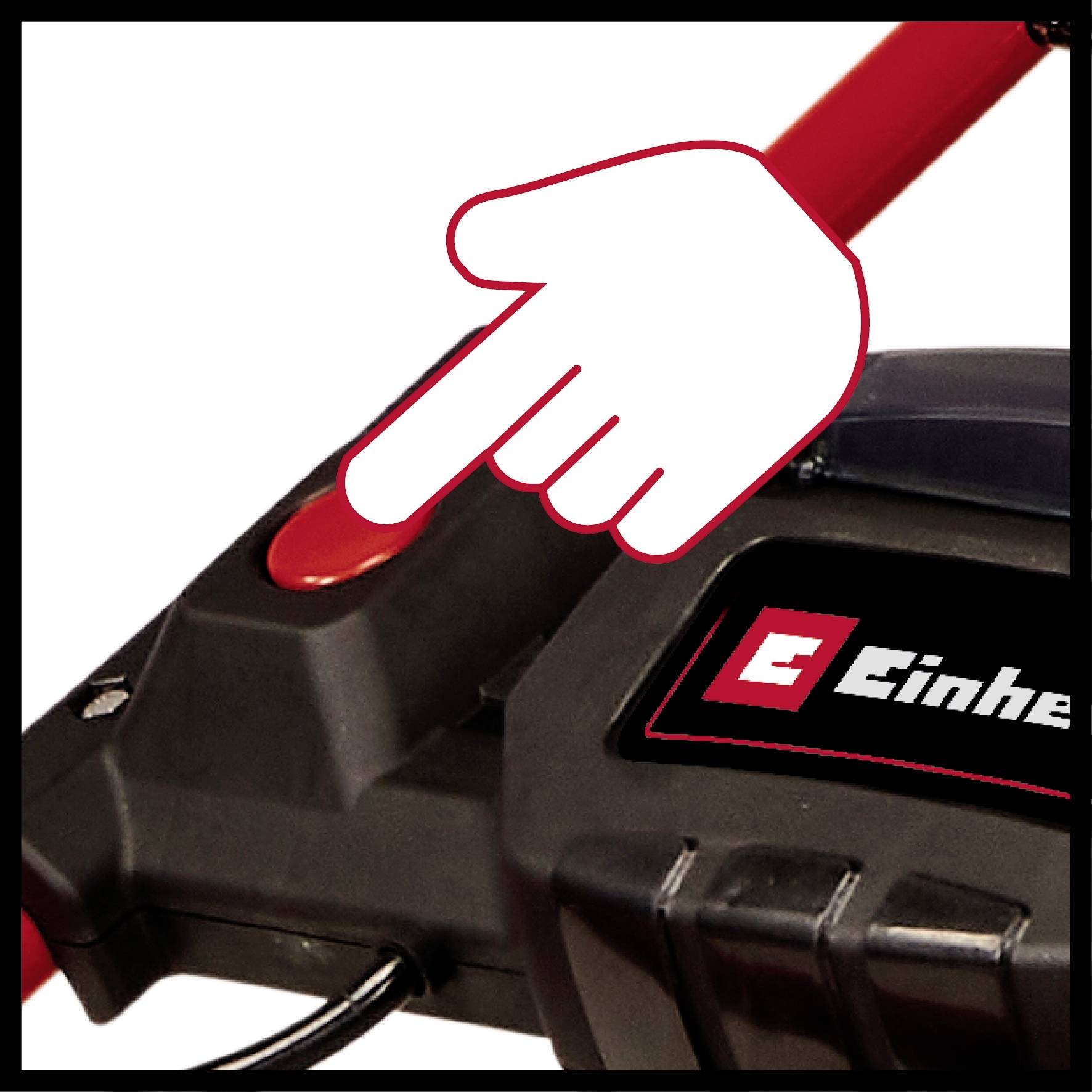'Eine Hand drückt den roten Knopf auf einem schwarzen Gerät mit dem Einhell-Logo.'