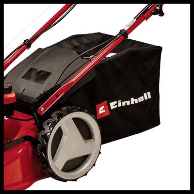 Nahaufnahme eines roten Rasenmähers mit großem schwarzen Fangkorb und stilisierten Rädern. Das Logo 'Einhell' ist auf dem Korb zu sehen.