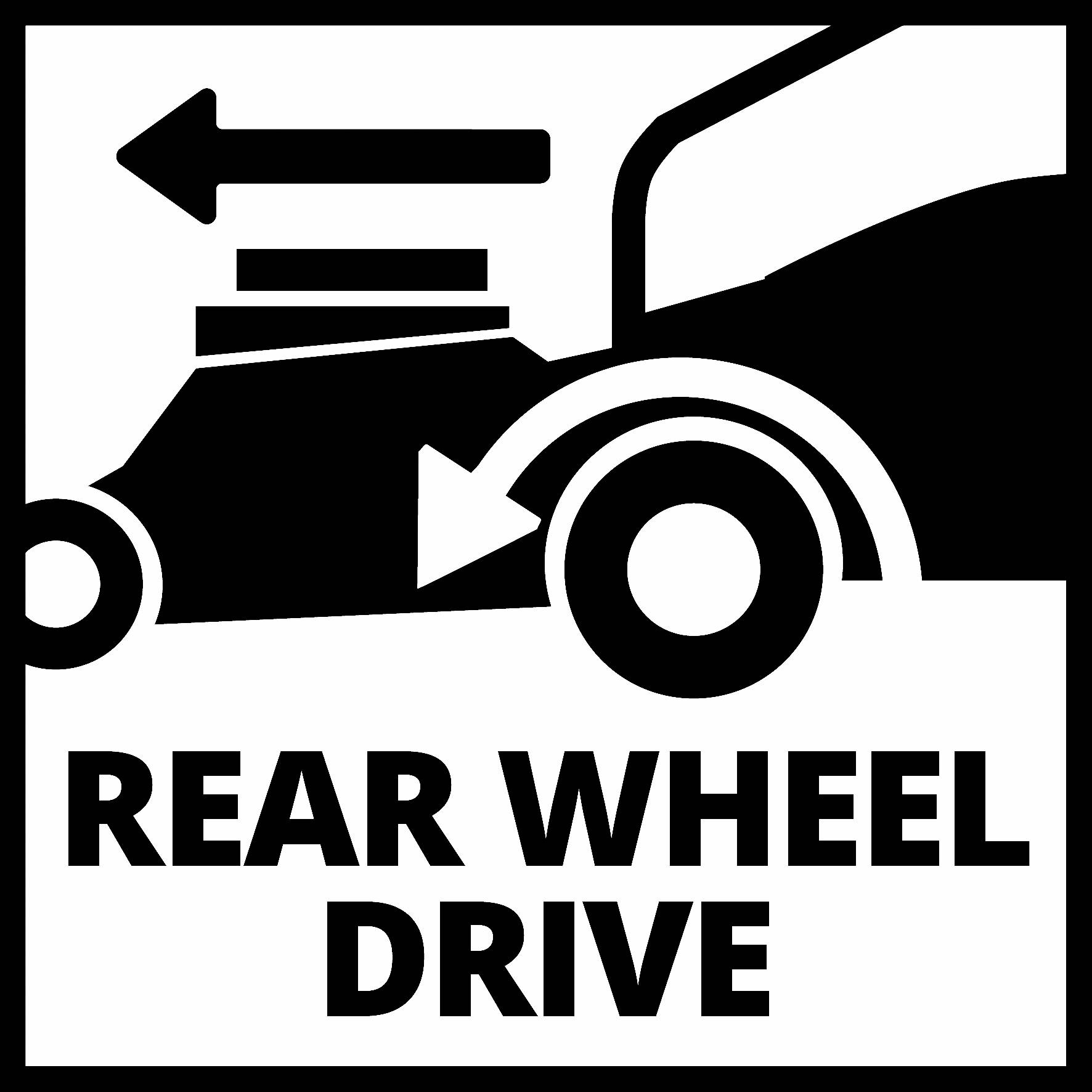 'RÜCKRADANTRIEB' steht unter einem Symbol eines Pfeils, der auf ein hinteres Rad zeigt, was auf den Antrieb des Fahrzeugs hinweist.