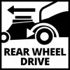 'RÜCKRADANTRIEB' steht unter einem Symbol eines Pfeils, der auf ein hinteres Rad zeigt, was auf den Antrieb des Fahrzeugs hinweist.