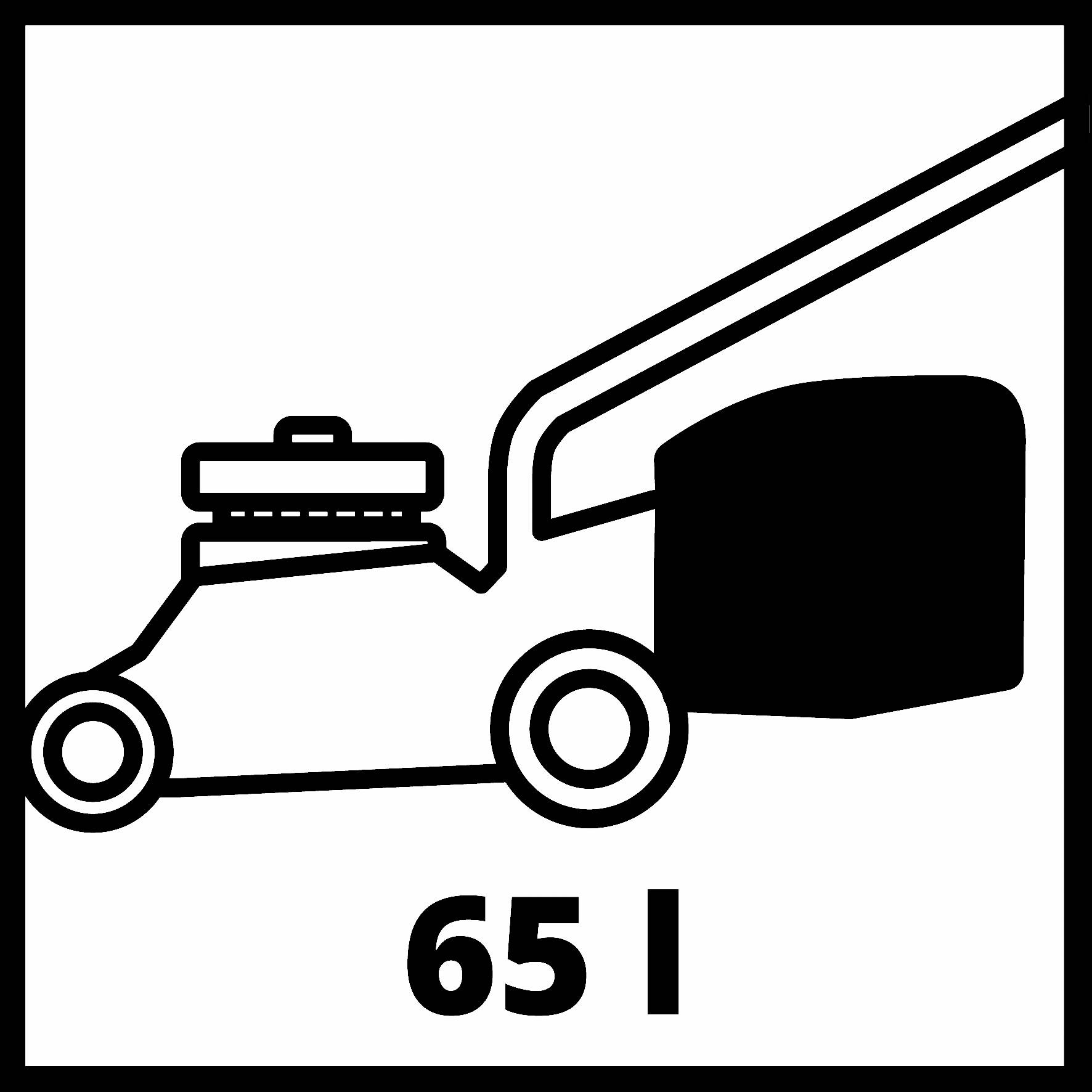 Symbol eines Rasenmähers links mit einem schwarzen Kastensymbol rechts; Zahl '65 l' darunter, was das Volumen anzeigt.