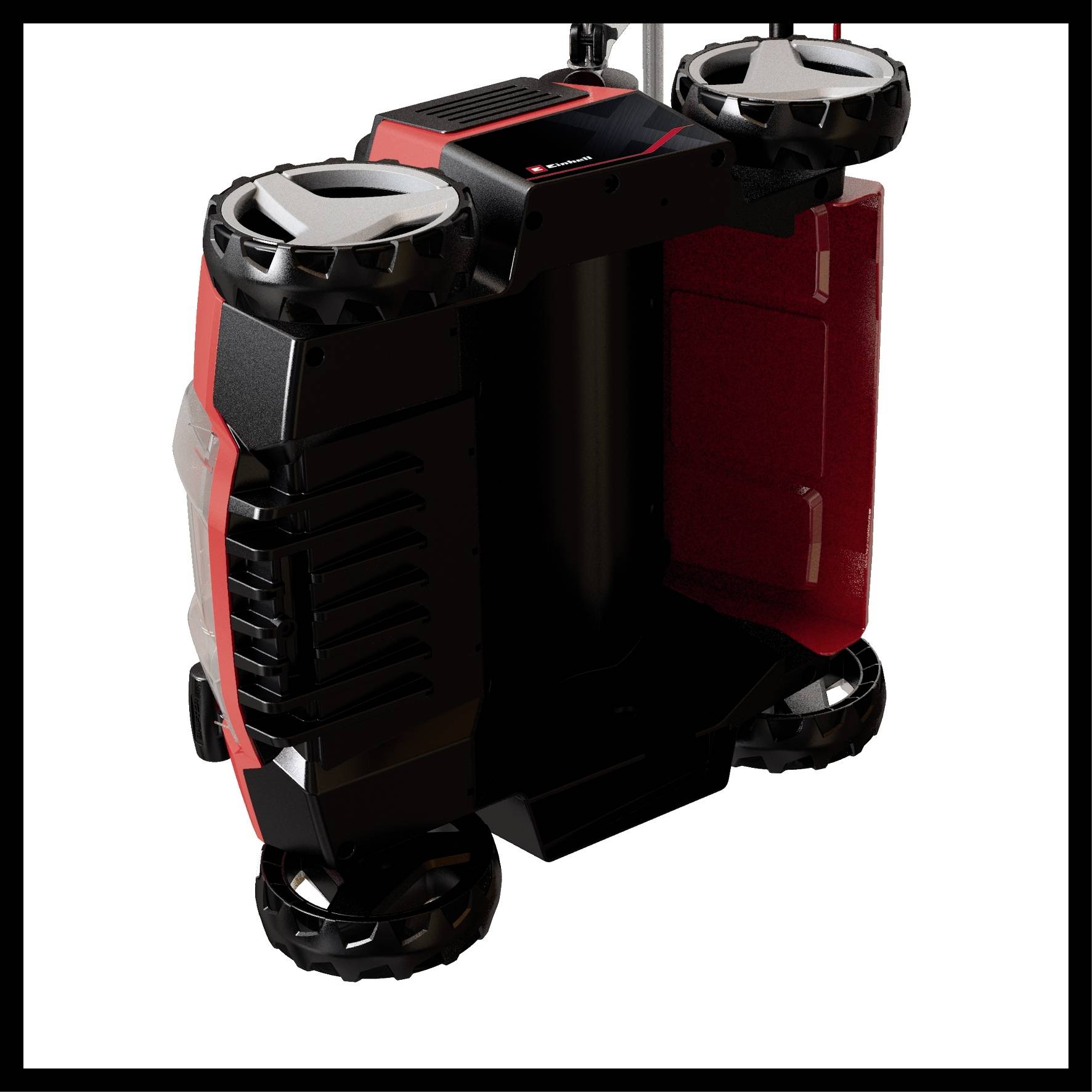 Ein futuristischer, rot-schwarzer Roboter mit vier Rädern und einem vertikalen Mittelteil, möglicherweise für Transportzwecke.