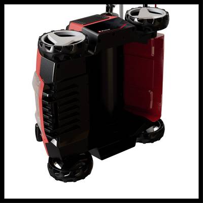 Ein futuristischer, rot-schwarzer Roboter mit vier Rädern und einem vertikalen Mittelteil, möglicherweise für Transportzwecke.