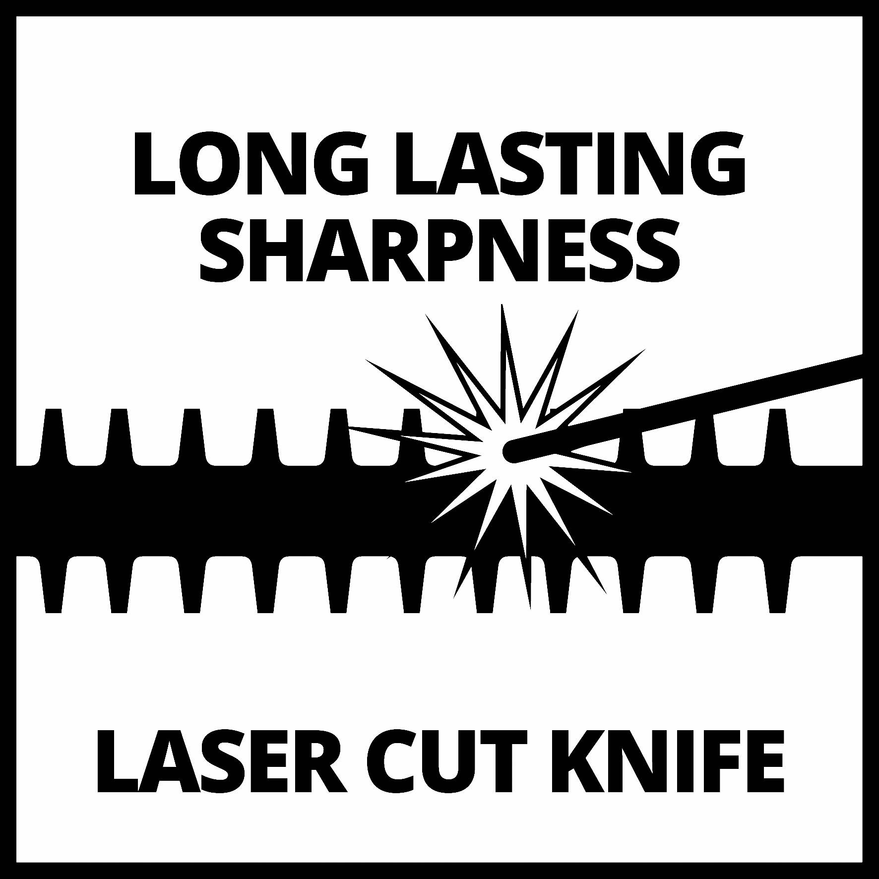 'Ein Messer wird per Laser geschnitten. Text: "Long lasting sharpness", "Laser cut knife".'