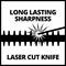 'Ein Messer wird per Laser geschnitten. Text: "Long lasting sharpness", "Laser cut knife".'