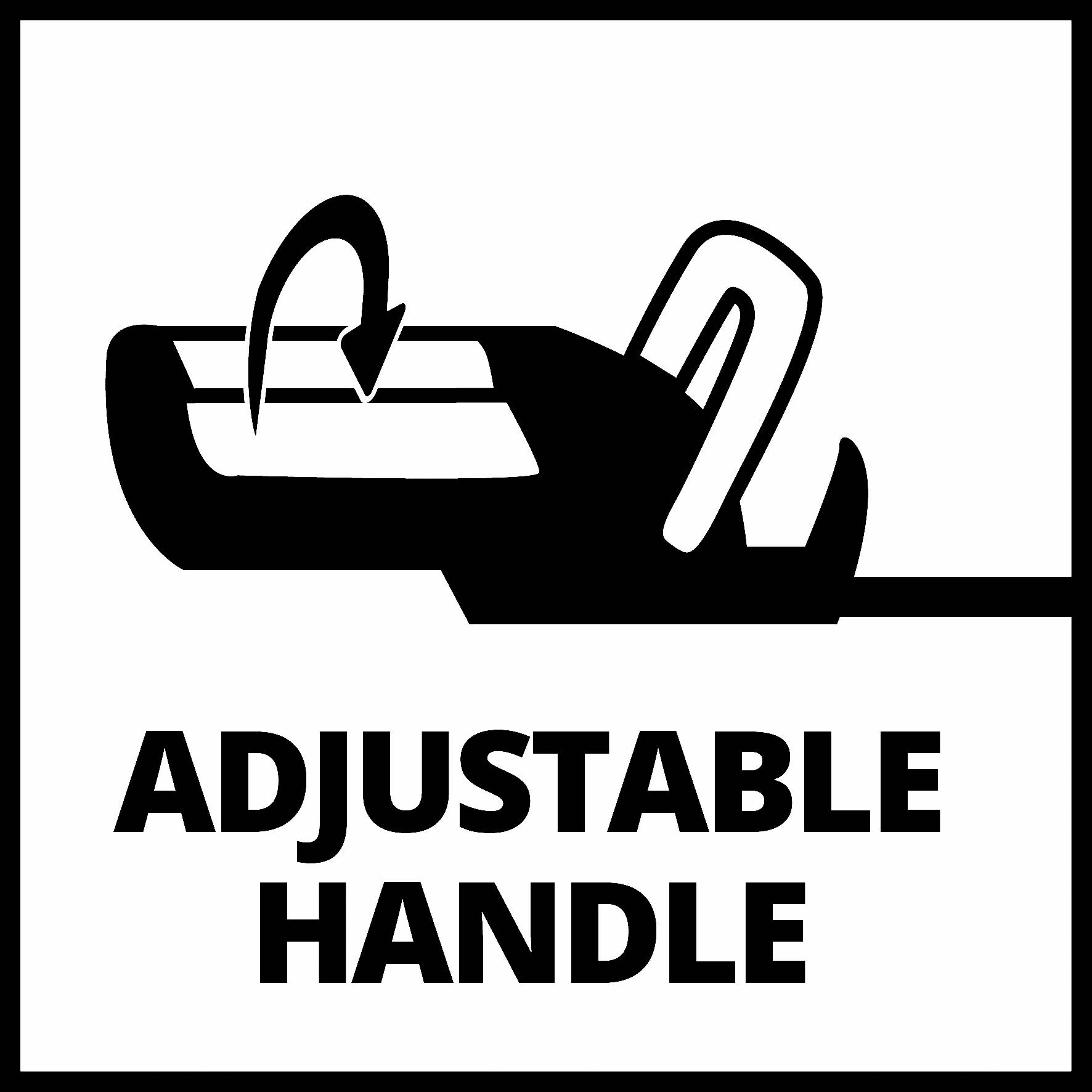 Das Bild zeigt ein Symbol eines verstellbaren Griffs mit einem Pfeil, der eine Bewegung anzeigt. Darunter steht der Text 'Adjustable Handle'.