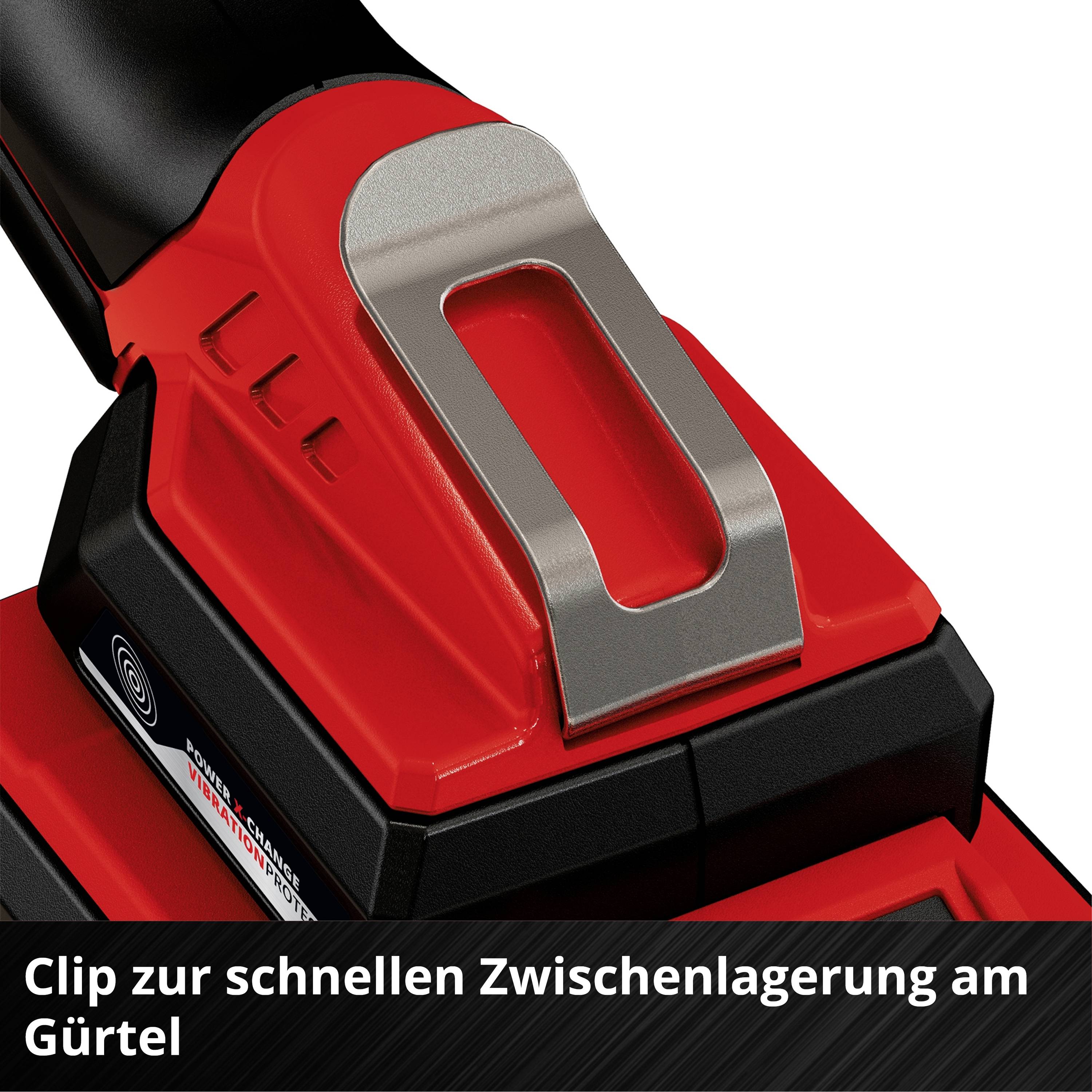 Ein roter Werkzeugclip ermöglicht eine schnelle Befestigung am Gürtel. Text im Bild: 'Clip zur schnellen Zwischenlagerung am Gürtel'.
