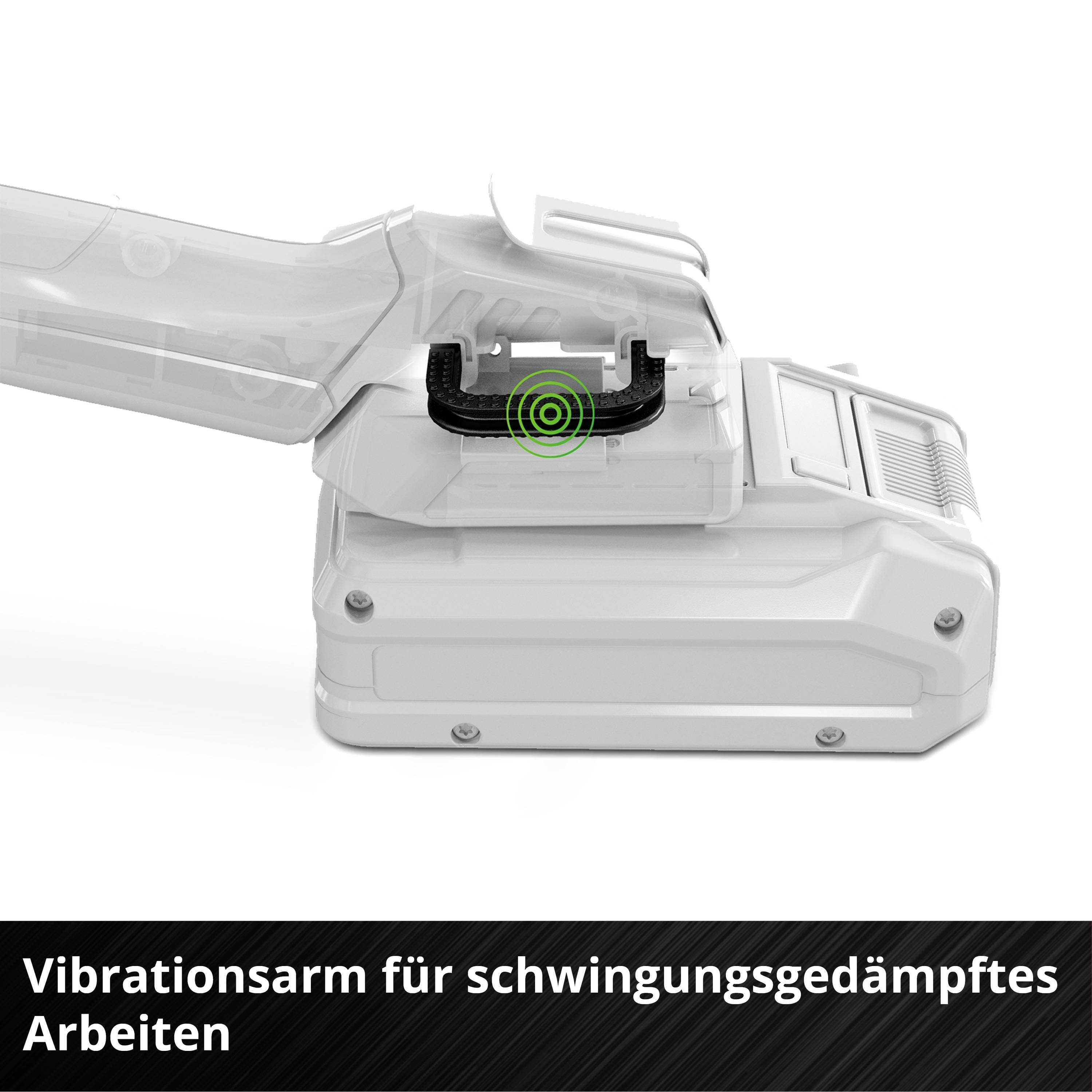 Ein vibrationsarmer Arm eines Werkzeugs mit einem grünen Symbol zur Vibrationsdämpfung, darunter der Text 'Vibrationsarm für schwingungsgedämpftes Arbeiten'.