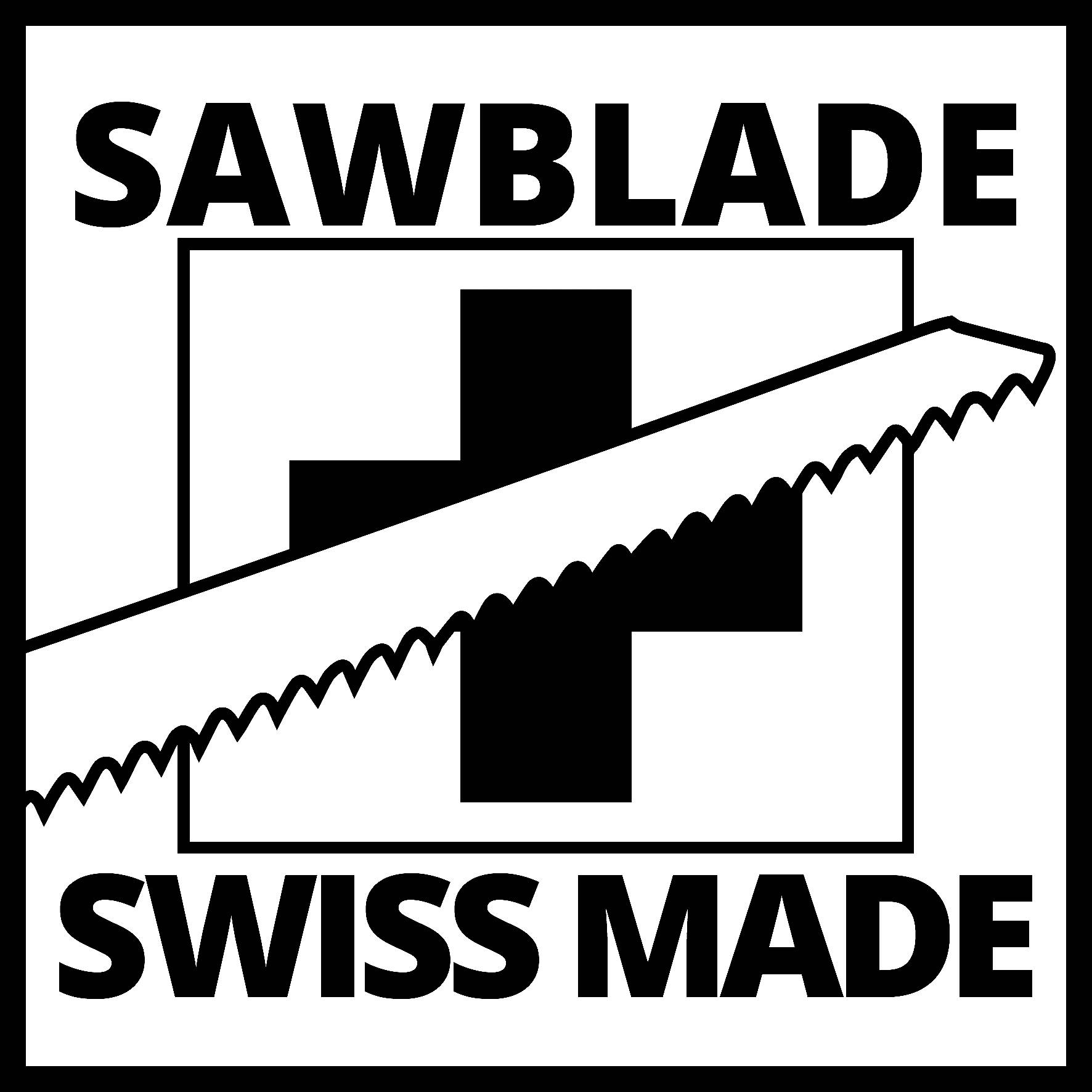 'Sawblade Swiss Made' Text mit stilisierter Sägeblattgrafik und Schweizer Kreuz im Hintergrund.