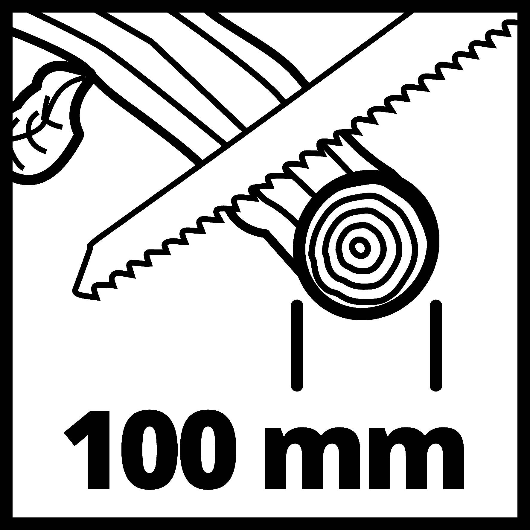 Eine Säge schneidet einen Baumstamm mit einem Durchmesser von 100 mm. Links oben ein Blatt als Symbol für Holz.