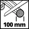 Eine Säge schneidet einen Baumstamm mit einem Durchmesser von 100 mm. Links oben ein Blatt als Symbol für Holz.