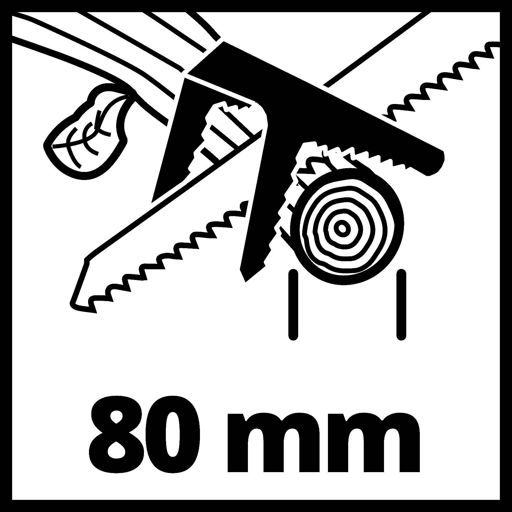 'Symbol für das Sägen von Holz mit einer Schnittlänge von maximal 80 mm, zeigt eine Säge und ein Holzstück im Querschnitt.'