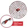 Bild zeigt elektrische Werkzeuge in konzentrischen Kreisen und Detail eines Akkusystems mit Text 'Teil der Power X-Change Familie'.