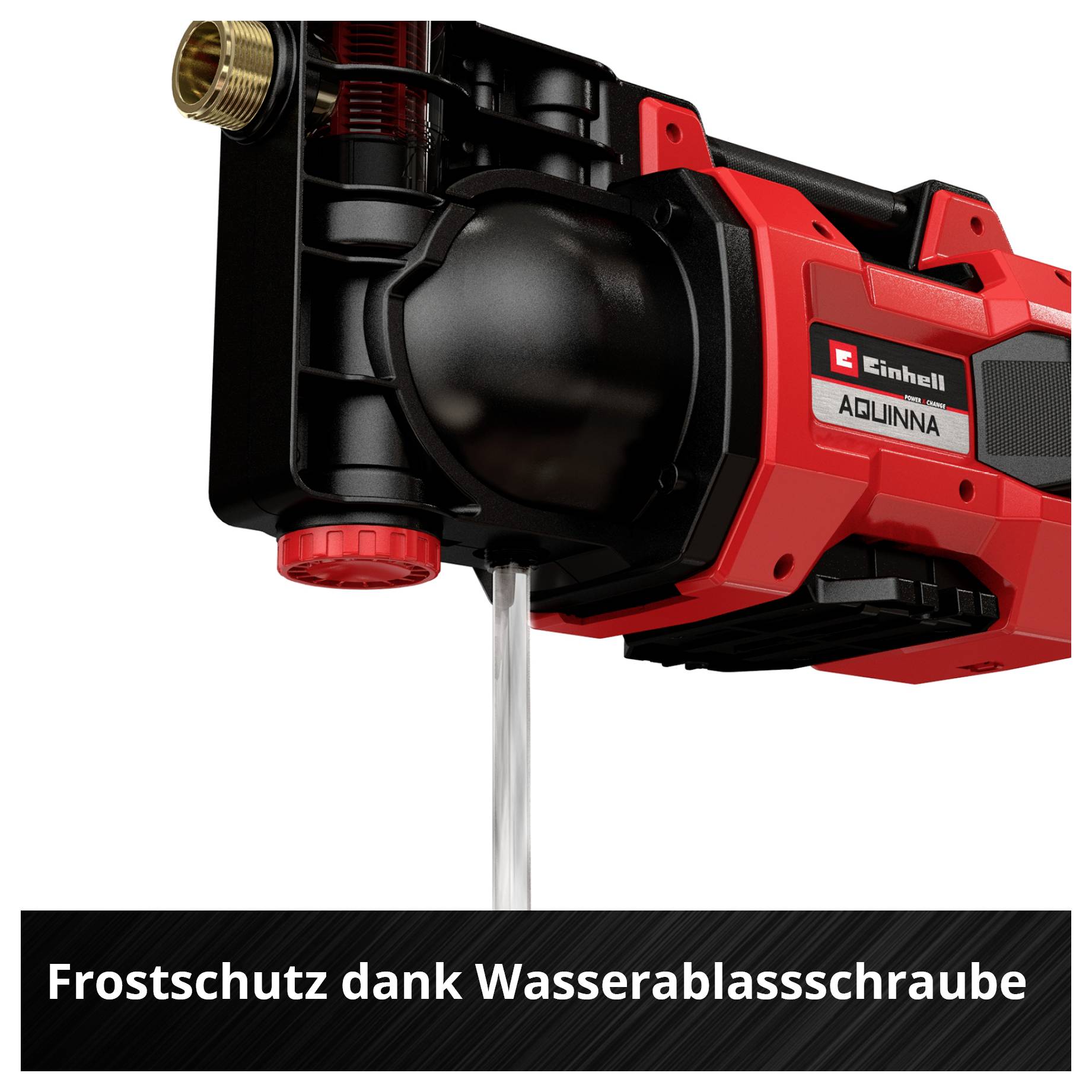 Einhell AQUINNA Pumpenansicht mit Hinweis: 'Frostschutz dank Wasserablassschraube'; zeigt die Schraube zum Entleeren der Pumpe.