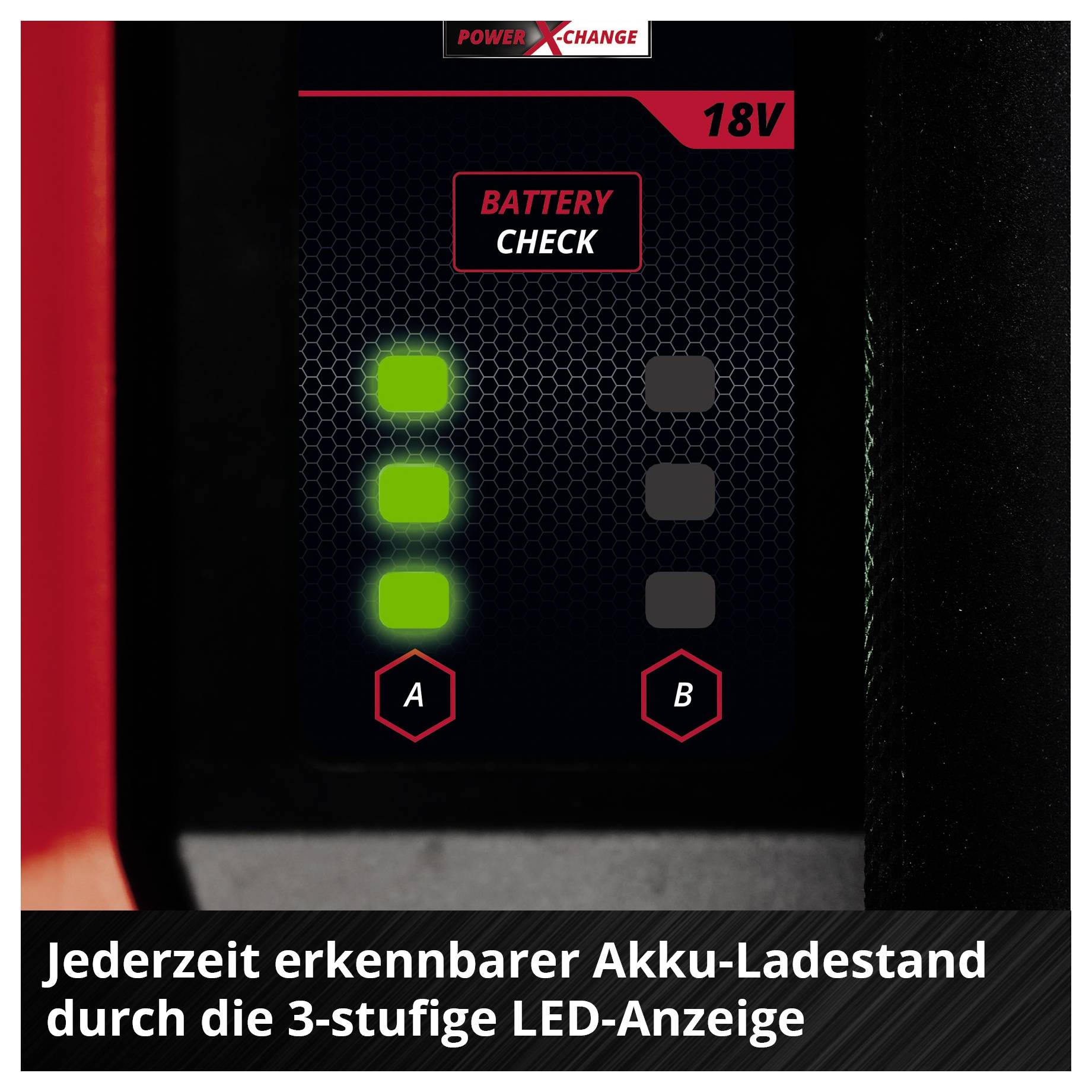 Akku-Ladeanzeige für 18V: 3-stufige LED-Anzeige mit den Bereichen A und B, zeigt den jederzeit erkennbaren Ladestand des Akkus.