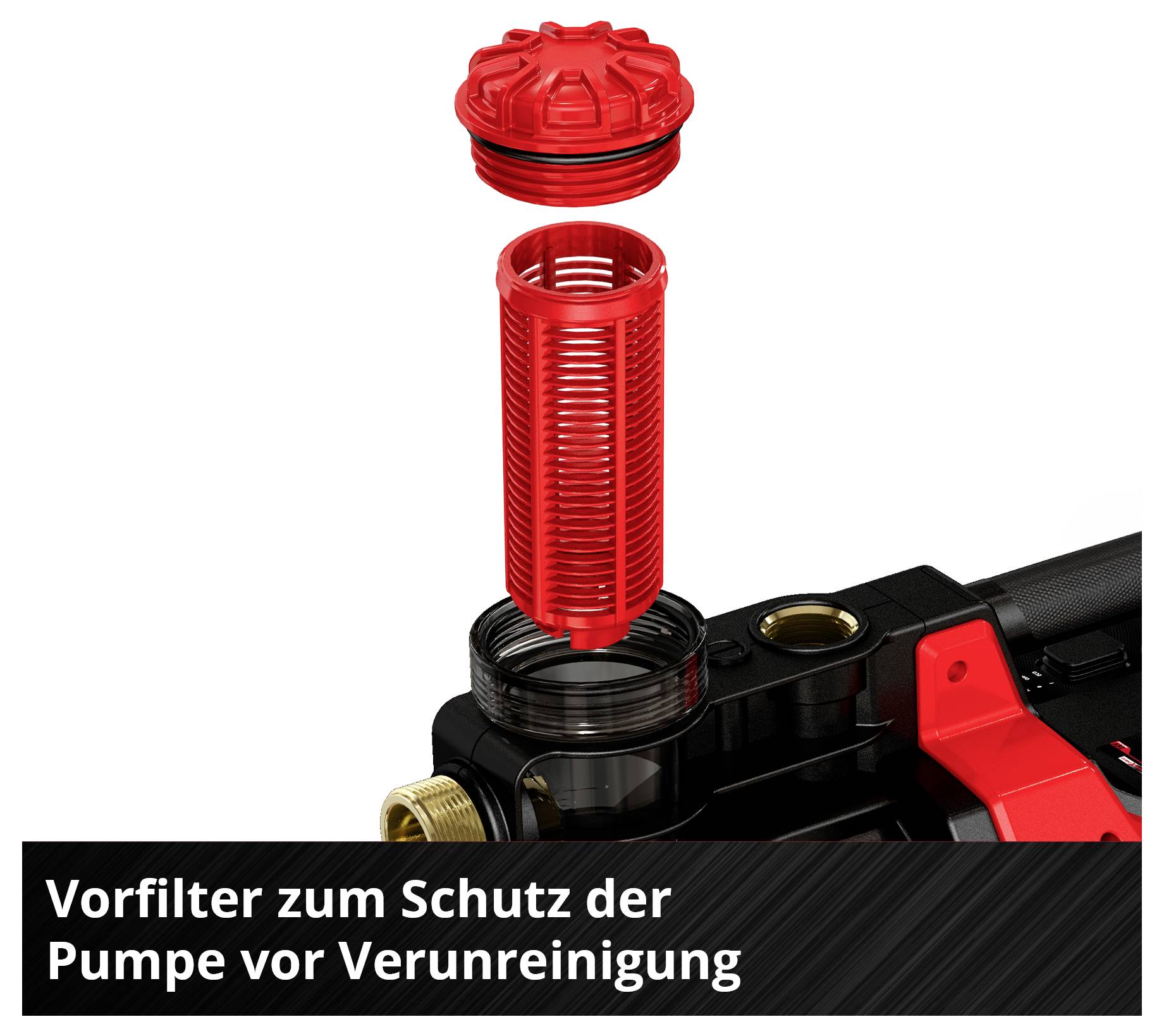 Explosionsdarstellung eines roten Vorfilters an einer Pumpe; Text: 'Vorfilter zum Schutz der Pumpe vor Verunreinigung'.
