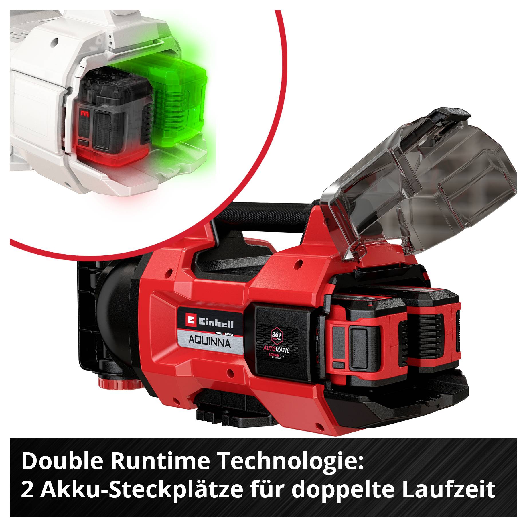 Roter Akku-Sauger mit zwei Akkuschächten; Hinweis auf 'Double Runtime Technologie' für doppelte Laufzeit.