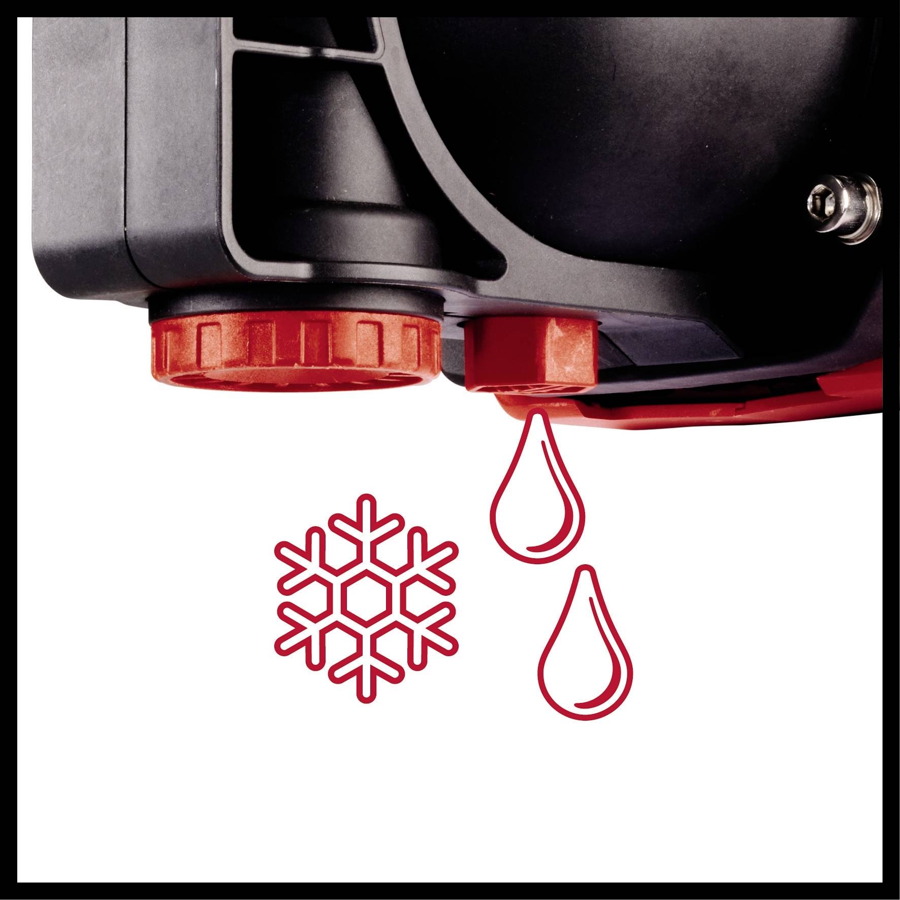 Schwarze Maschine mit roten Details. Schneeflocke und Wassertropfen-Symbol deuten auf Funktionen zur Temperaturkontrolle hin.