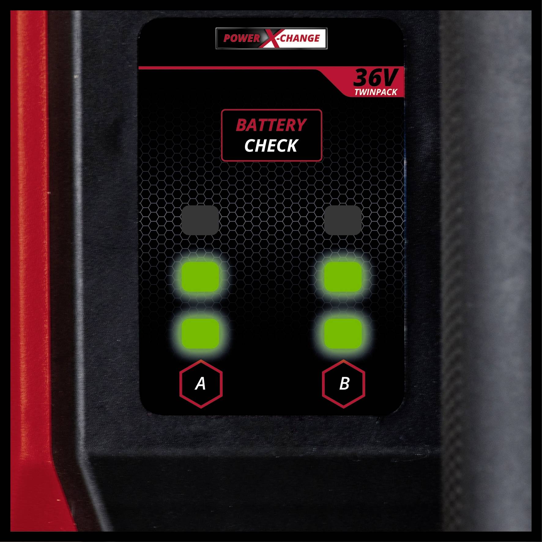 Anzeige eines 'Battery Check' für ein 36V Twinpack, zeigt zwei leuchtende Symbole mit den Buchstaben 'A' und 'B', die Batteriestatus anzeigen.