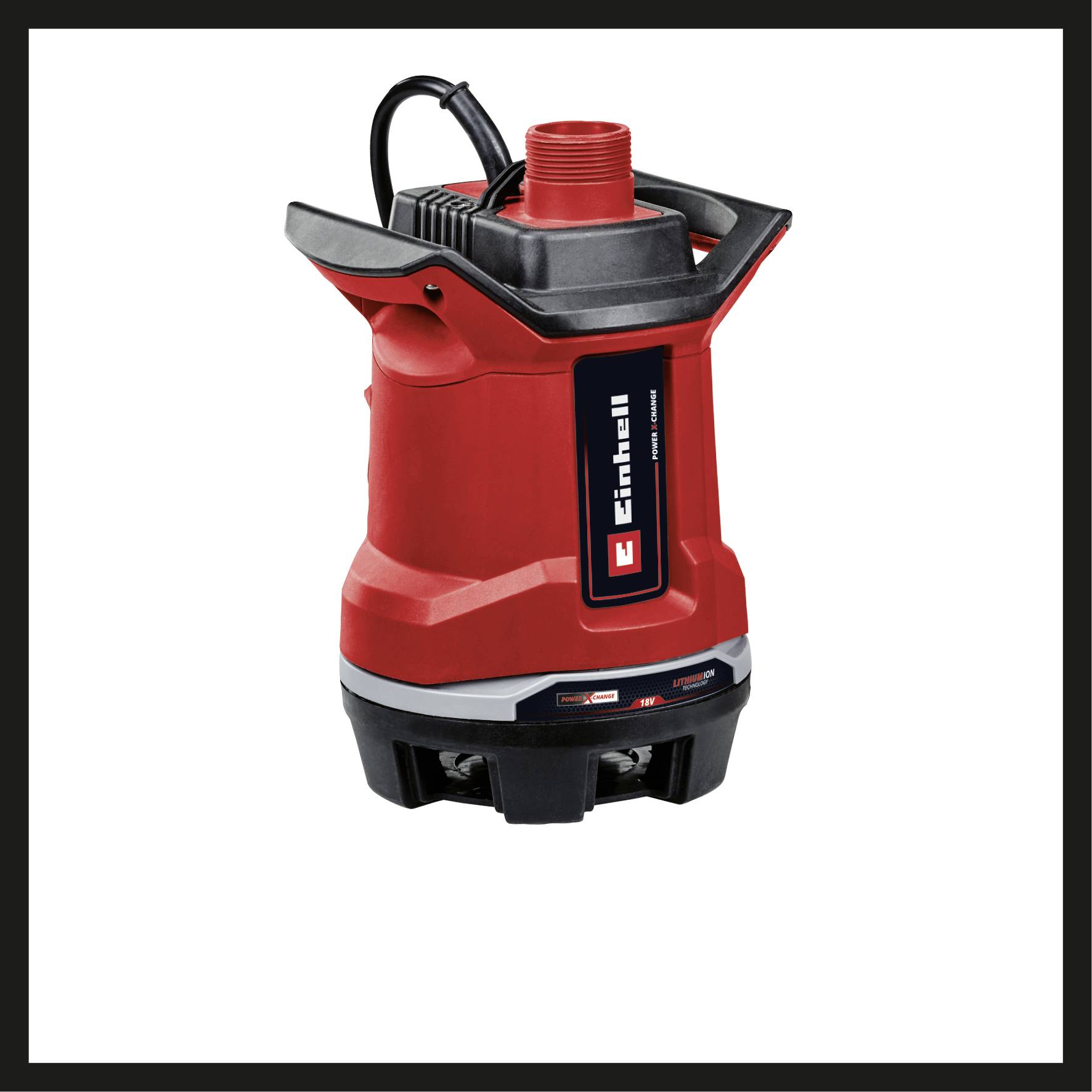 Rote Tauchpumpe der Marke Einhell mit schwarzem Griff, geeignet für den Einsatz zur Wasserförderung aus Tiefen.