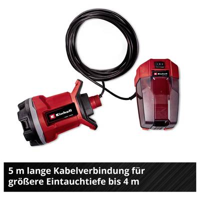 Rote Tauchpumpe mit Schwimmerschalter und 5 m Kabel; Text: '5 m lange Kabelverbindung für größere Eintauchtiefe bis 4 m'.