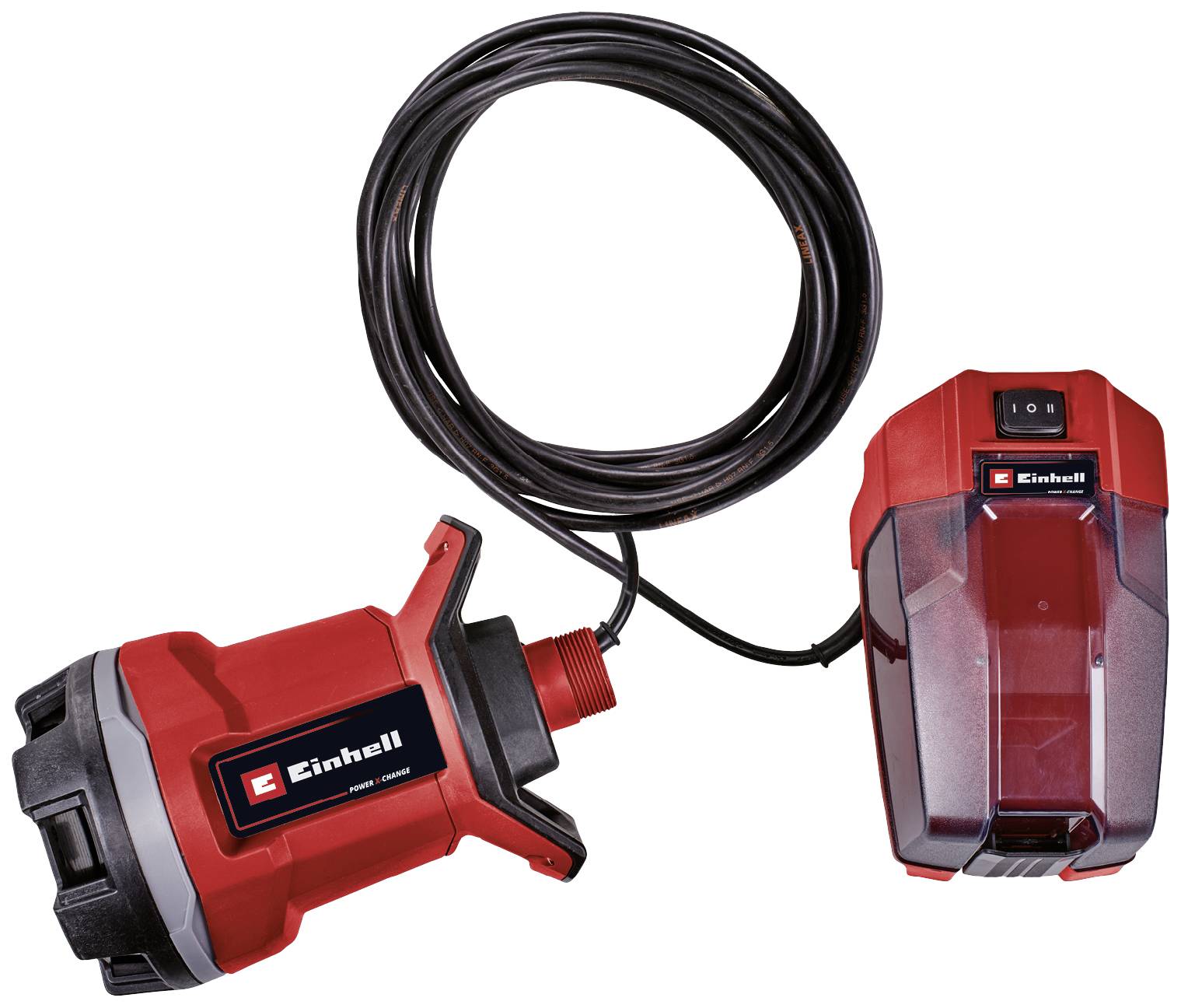 Eine rote Einhell Tauchpumpe mit Schlauch und Steuereinheit, geeignet für die Wasserbeförderung, abgebildet in einer Komplettansicht.