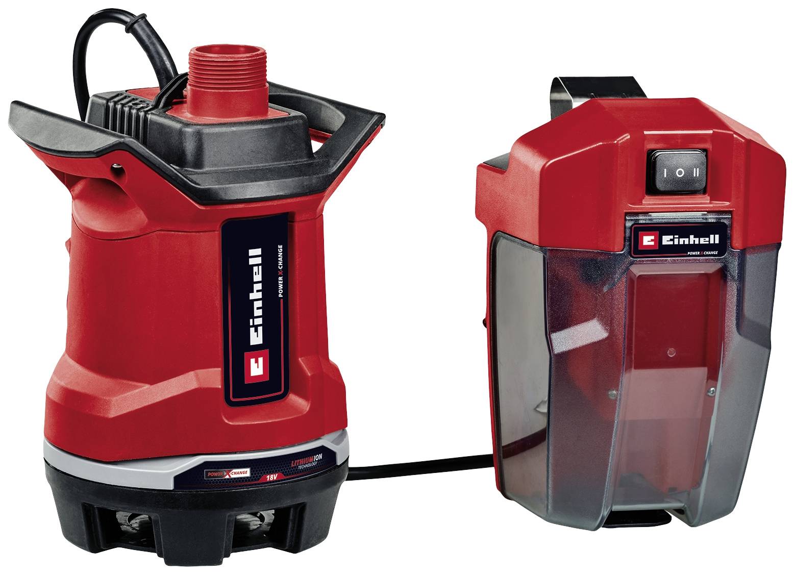 Akkubetriebene Tauchpumpe von Einhell in Rot und Schwarz, links mit großem Schraubgewinde, rechts ein durchsichtiges Gehäuse.