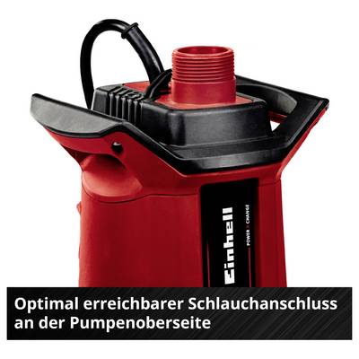Rote Tauchpumpe mit oben liegendem Schlauchanschluss; Text unten: 'Optimal erreichbarer Schlauchanschluss an der Pumpenoberseite'.