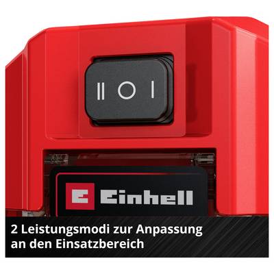 Rotes Einhell-Gerät mit Ein-/Ausschalter und zwei Leistungsmodi; unten der Text '2 Leistungsmodi zur Anpassung an den Einsatzbereich'.