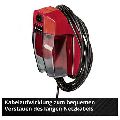 Rote Kabelaufwicklung mit aufgewickeltem langem Netzkabel; Text: 'Kabelaufwicklung zum bequemen Verstauen des langen Netzkabels'