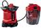 Zwei rote Einhell-Geräte, rechts eine Wasserpumpe, links ein Akku-Ladegerät. Verbunden mit einem Kabel.