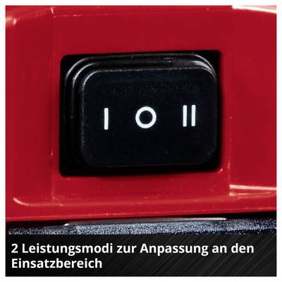 Schalter mit den Stufen I, 0 und II auf rotem Gerät; Beschriftung: '2 Leistungsmodi zur Anpassung an den Einsatzbereich'.