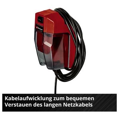 Rotes Kabelaufwickelgerät mit langem Netzkabel; darunter der Text 'Kabelaufwicklung zum bequemen Verstauen des langen Netzkabels'.