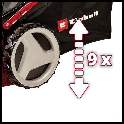"Einhell" Rasenmäher-Rad links im Bild mit Beschriftung '9x' daneben.