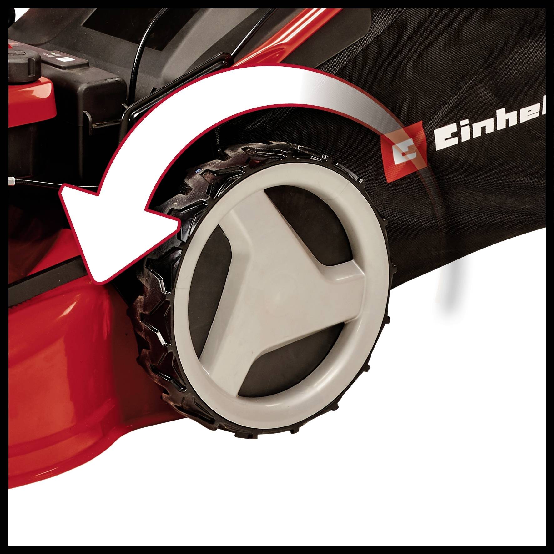 Ein roter Rasenmäher mit einem Pfeil, der die Bewegung des Hinterrads darstellt. Das Wort 'Einstellungen' ist teilweise sichtbar.