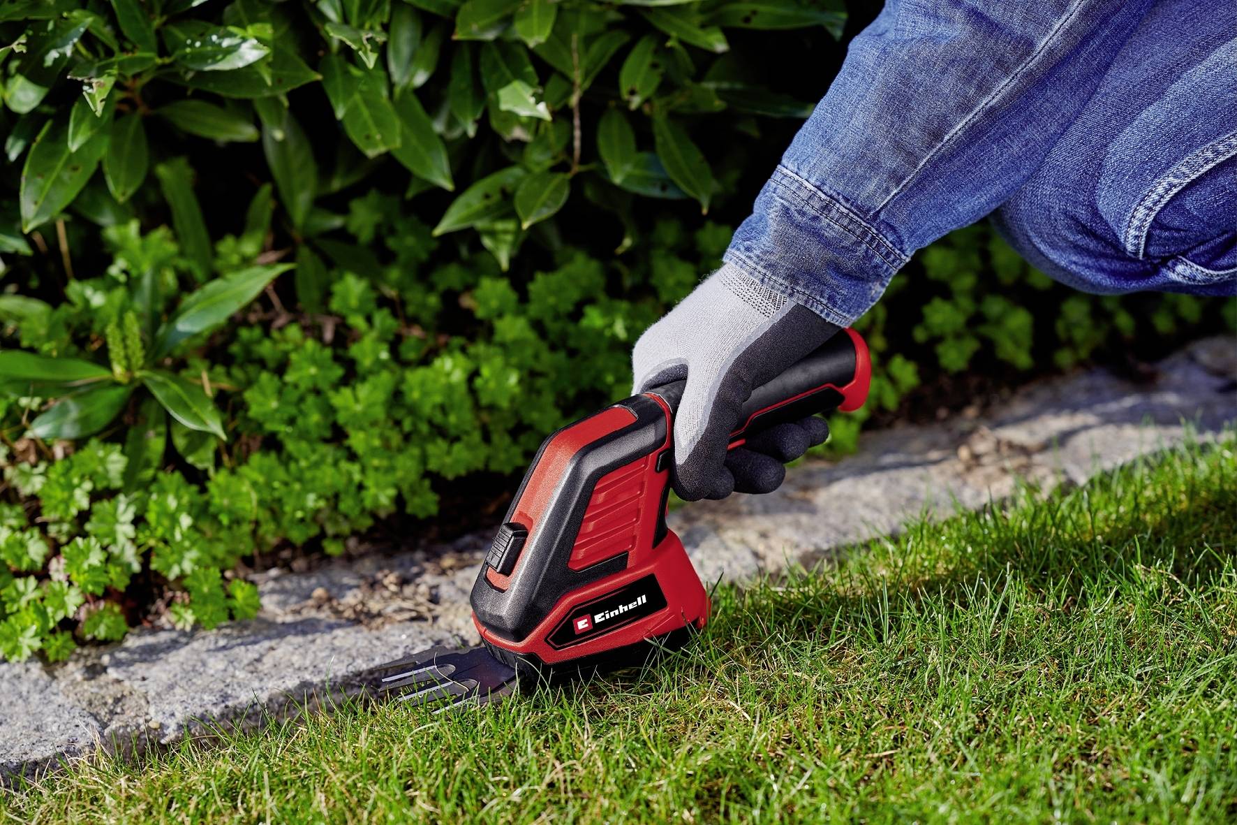 Eine Person schneidet mit einer roten elektrischen Heckenschere den Rand eines Rasens. Im Hintergrund sind grüne Pflanzen zu sehen.