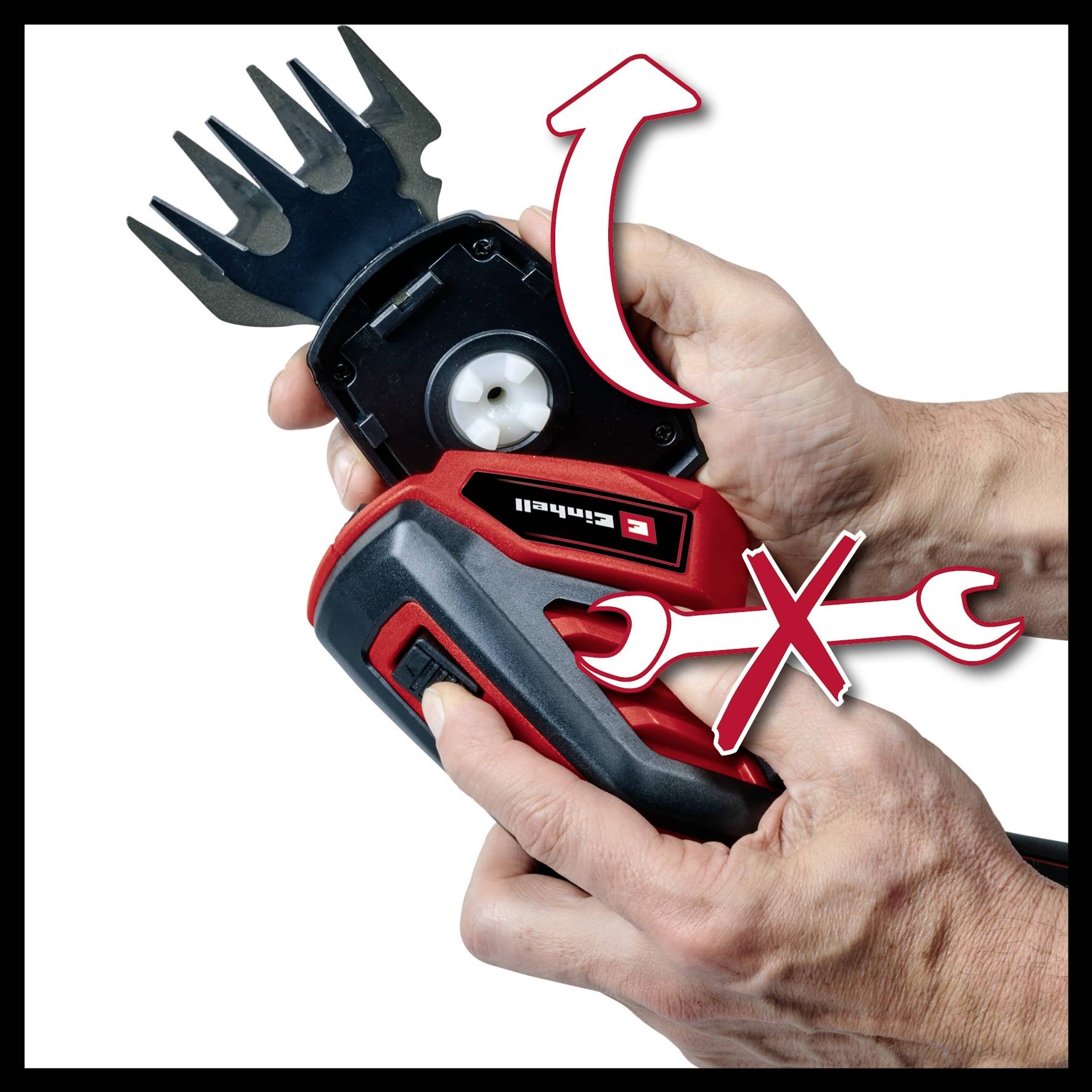 Ein rotes Gartengerät mit Klingen wird von Händen gehalten. Eine rote Pfeil- und Werkzeugsymbol-Grafik zeigt eine Sicherheitswarnung.