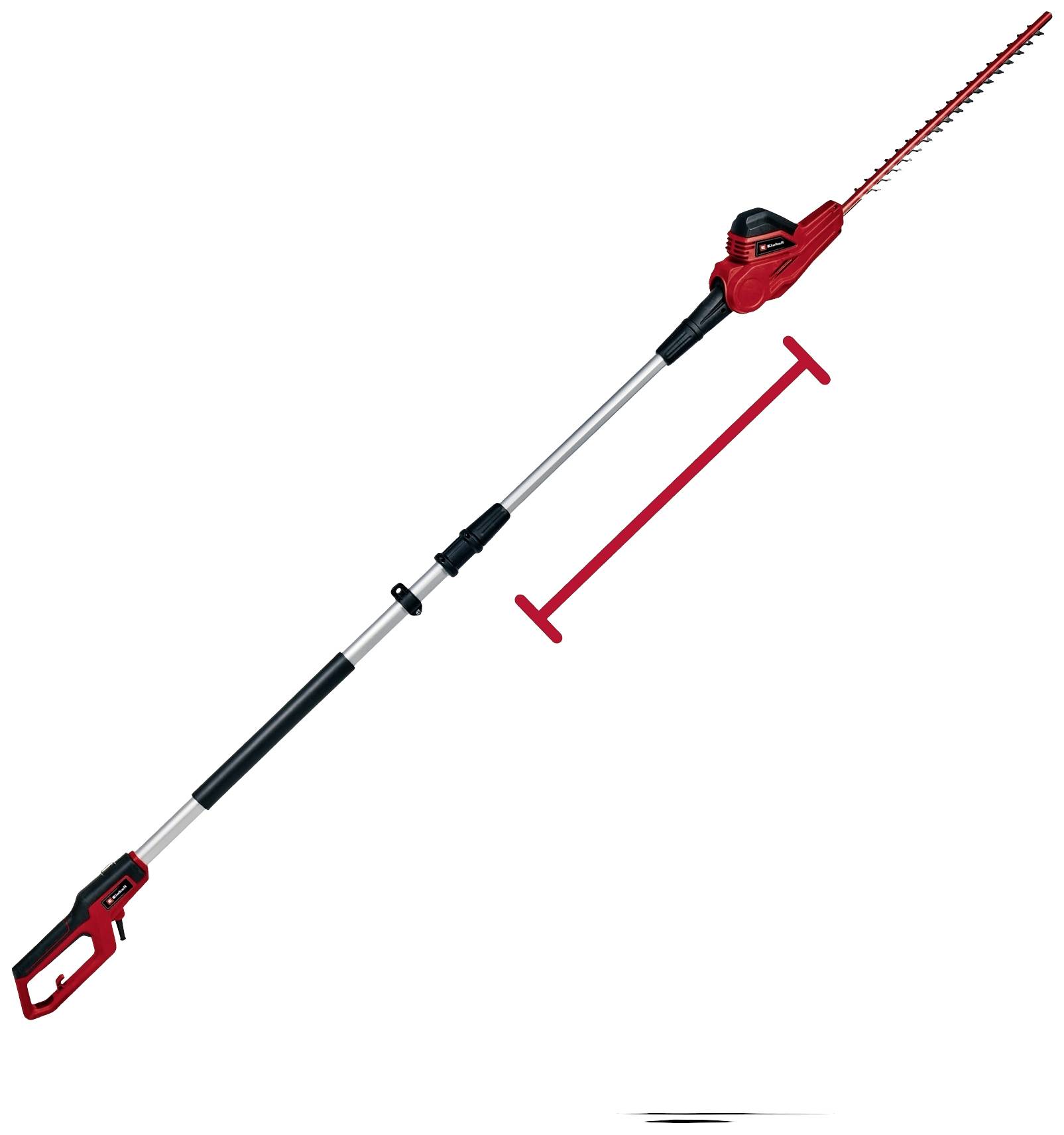 Teleskop-Heckenschere in Rot und Schwarz, ausgefahren mit verstellbarem Griff. 