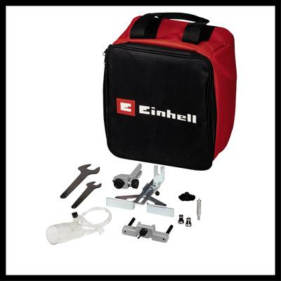 Einhell Werkzeugtasche mit mehreren Zubehörteilen wie zwei Schraubenschlüsseln, einer Halterung und einem Plastikbehälter.